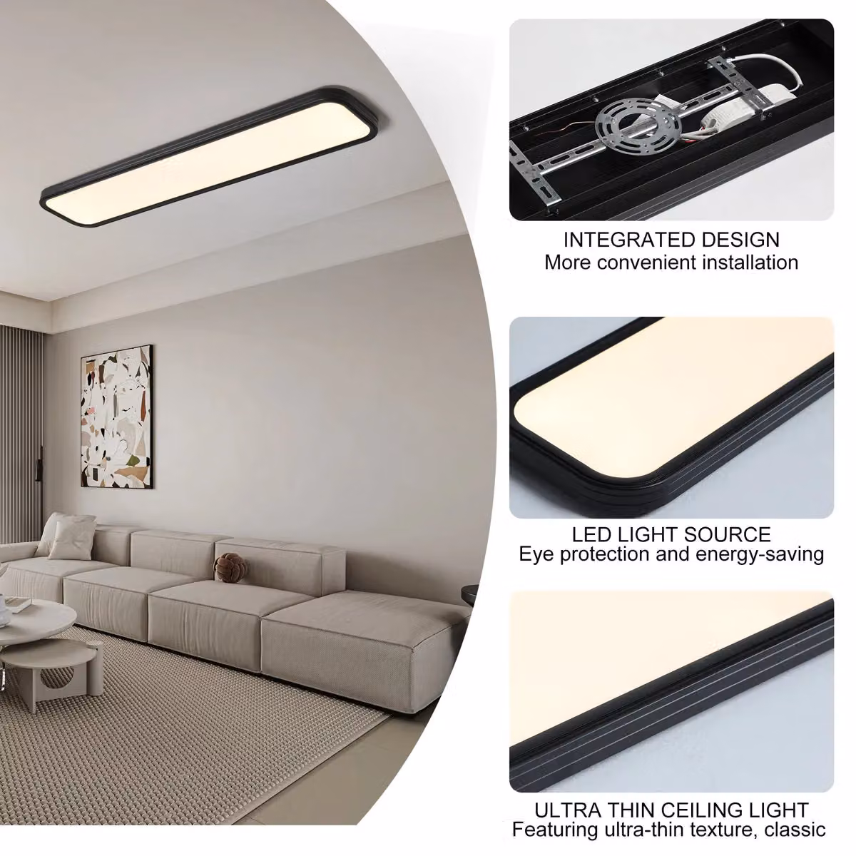 Garwarm Black Rectangle Acrylic LED Flush Mount Ceiling Light, 100cm – 4