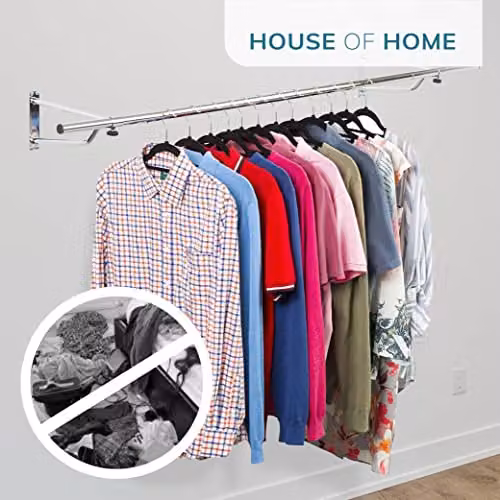 House of Home Heavy Duty Wall Mounted Metal Clothes Rail in Silver, 152.4 cm – 3