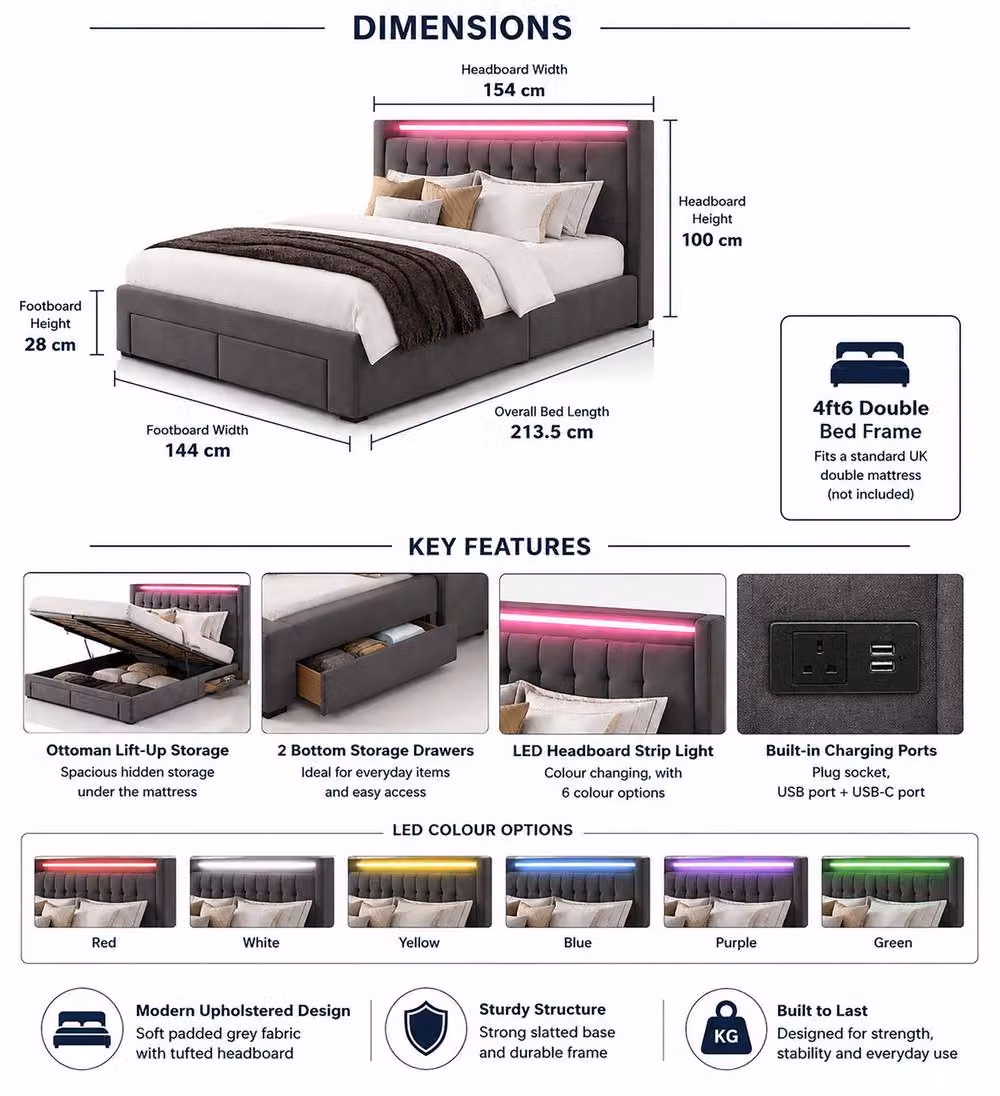 Harmin Grey Upholstered Double Ottoman Bed with LED Underbed Lighting and USB Charging Port, W/D/H: 140 x 200 cm – 2