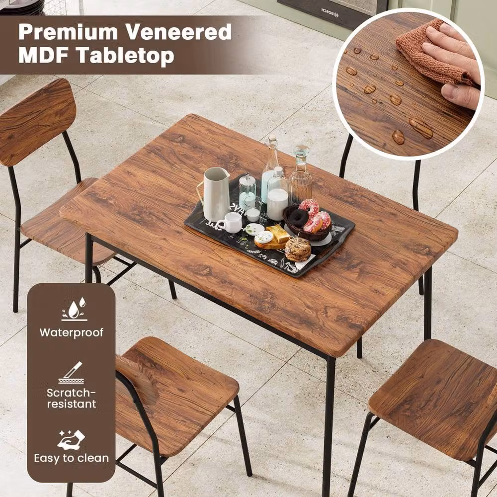 Gymax 5-Piece Industrial Dining Set with Rectangular Wood Table and 4 Chairs in Brown – 2