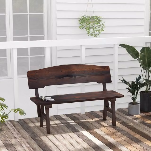 COSTWAY Brown Rustic Wood Outdoor Patio Bench with Inclined Backrest