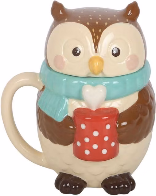 Something Different Oliver Owl Ceramic Lidded Mug, 380ml, Beige, Brown and Turquoise