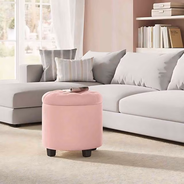 The Bazaarist Round Velvet Storage Ottoman and Foot Rest Stool in Pink, W/D/H: 45 x 45 x 44.5 cm