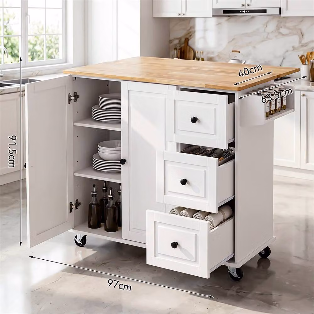 NESTLUNE White Rolling Kitchen Island Storage Trolley with Rubberwood and Glass – 2