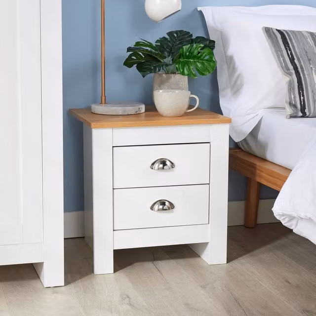 Home Source 2 Drawer White Wood Nightstand with Oak Top and Metal Handles