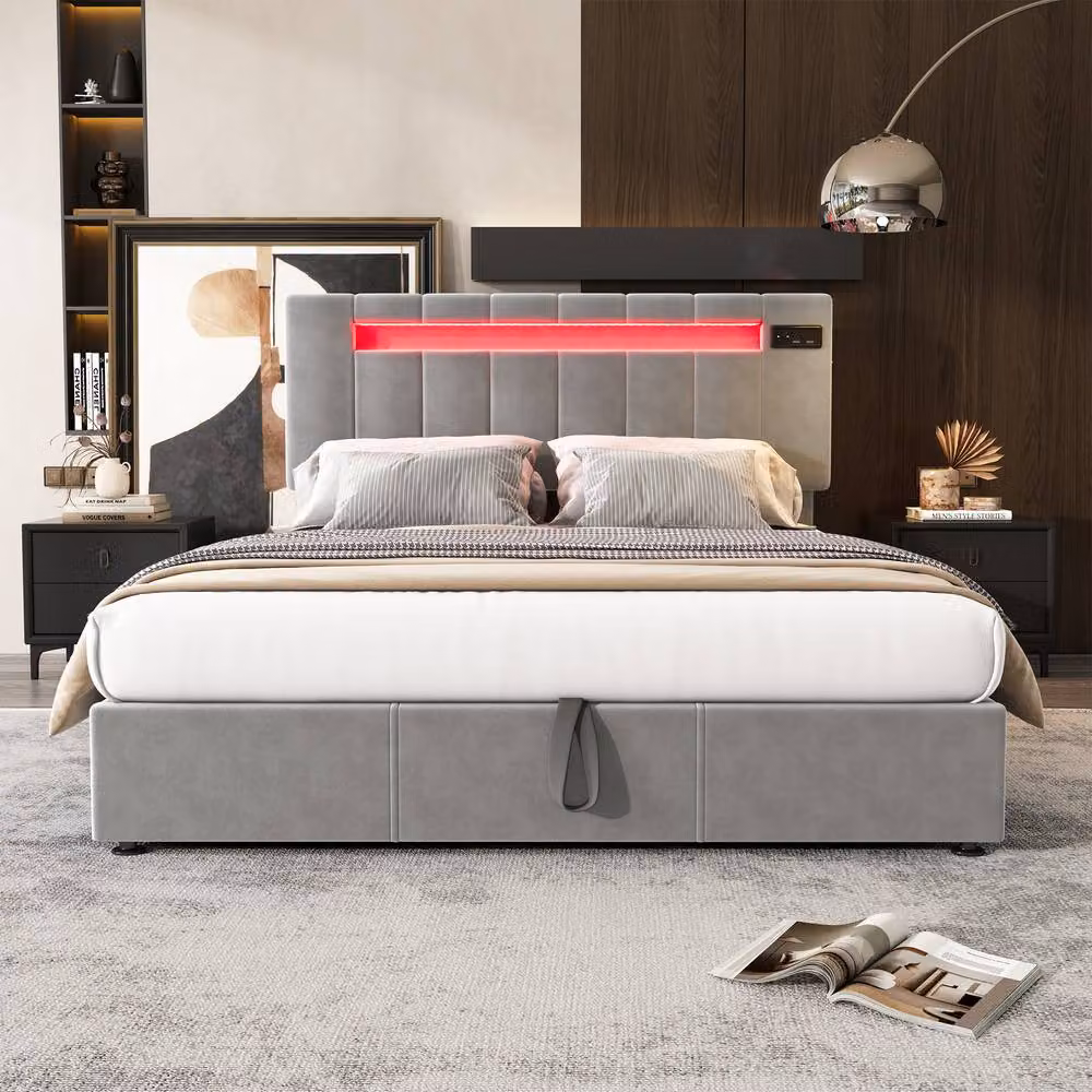 Merax Double Ottoman Storage Bed in Grey with LED, USB Ports and Bluetooth Speakers, W/D/H: 150 x 200 x 38.5 cm – 3