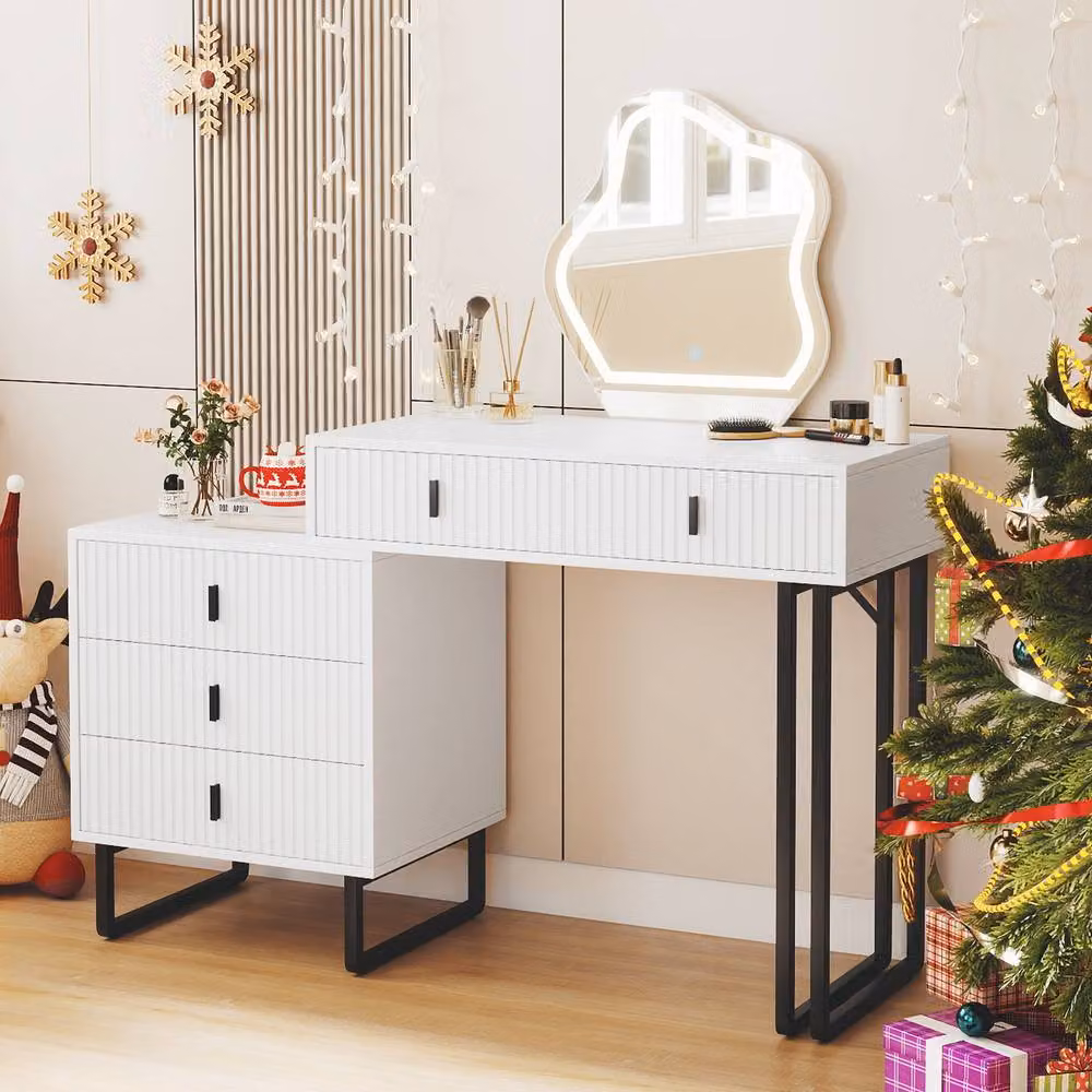 Gymax White Vanity Desk with Hollywood LED Lighted Mirror and 5 Drawers – 2