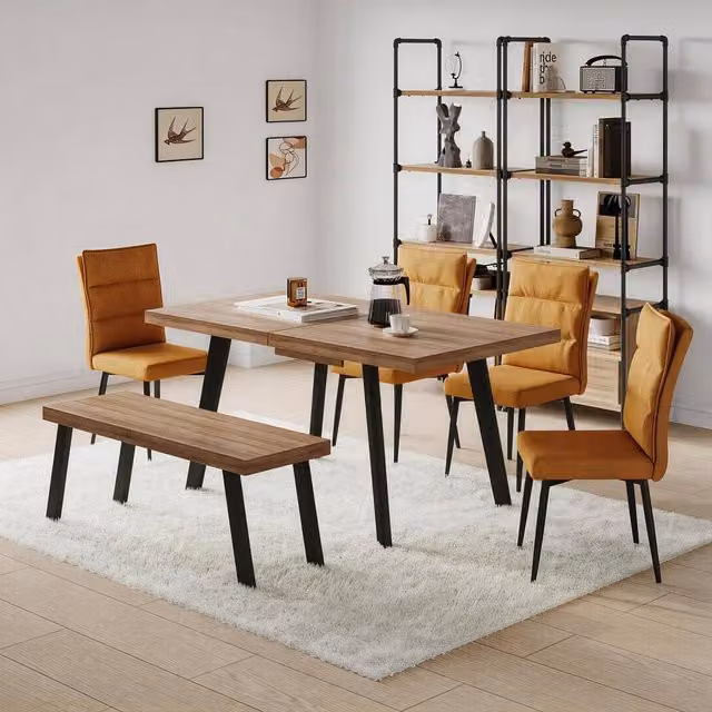 FURNITURE ONE 6-Piece Modern Oak Dining Set in Brown with Extendable Rectangular Table, 4 Chairs and Bench