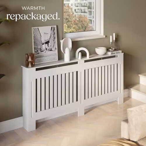 tectake Modern Slatted MDF Wood Radiator Cover with Top Shelf in White, W/D/H: 172.3 x 19 x 82 cm – 3