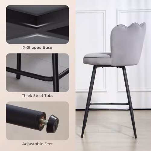 HOMCOM Set of 2 Modern Velvet Bar Stools with Metal Legs in Grey – 4