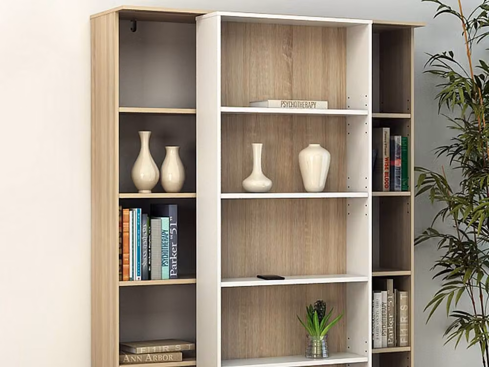 Vente-unique PRALI Sliding Bookcase with 18 Compartments in White and Oak – 2