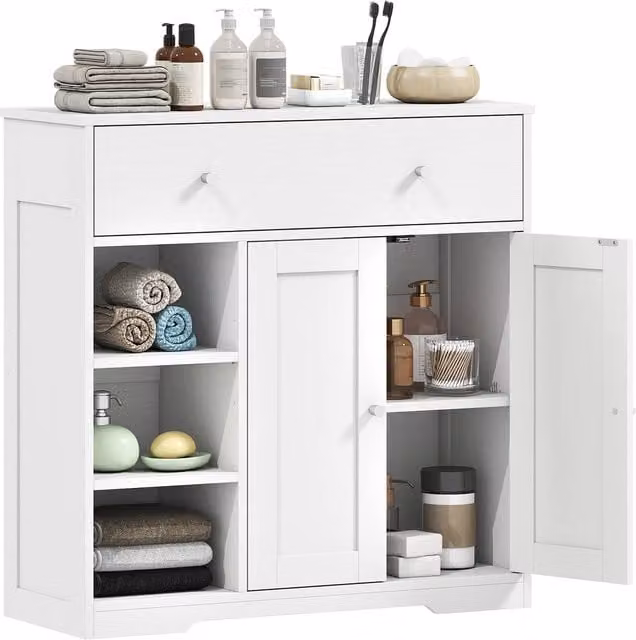 HOMCOM White Modern Freestanding Bathroom Floor Cabinet with Drawer and Hinged Doors