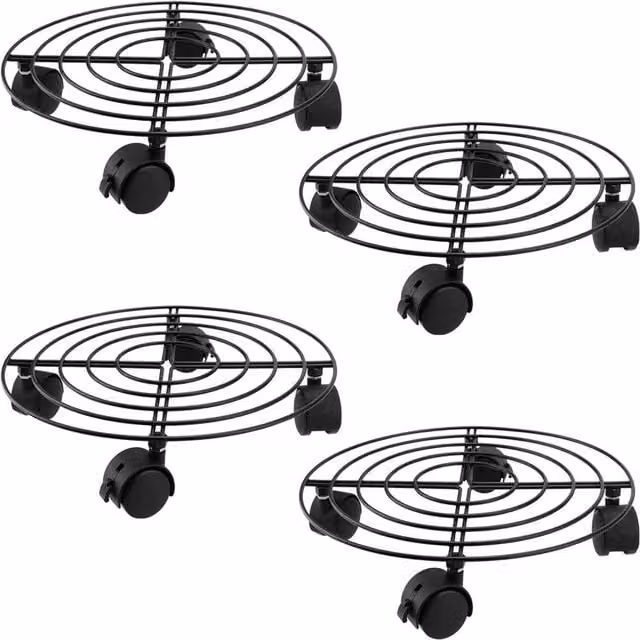 VOGREX 4 Pack Heavy Duty Round Metal Plant Caddy Stands on Wheels in Black, Diameter: 27 cm – 1
