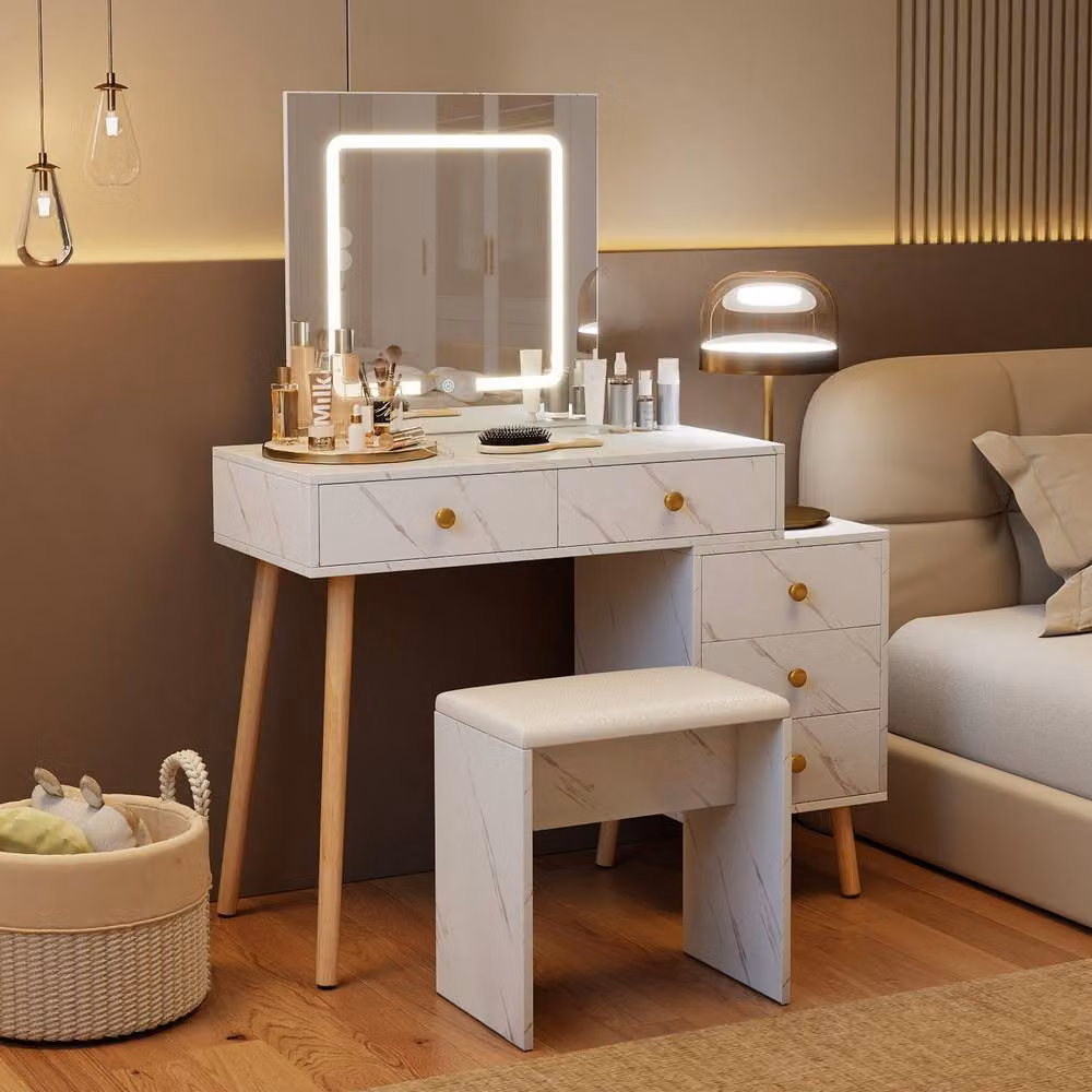Costway Makeup Vanity Set with Hollywood LED Mirror and Desk in White – 3