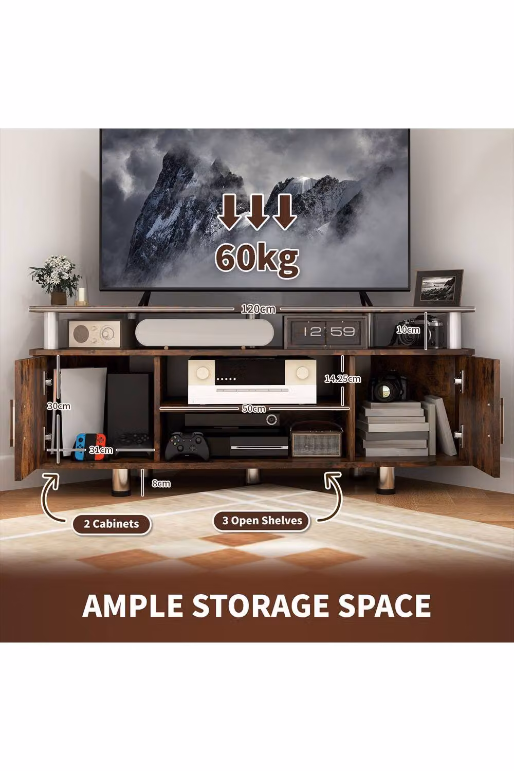 ERGOVEXA Rustic Brown TV Unit Cabinet with Storage, W/D/H: 120 x 39.5 x 52 cm – 2