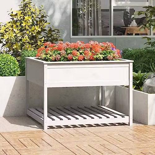 vidaXL White Wooden Raised Bed Planter with Shelf, Solid Pine, W/D/H: 111.5 x 111.5 x 81 cm – 2