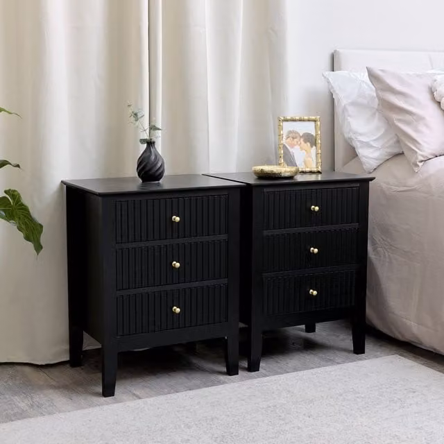 Melody Maison Hales Black Range Pair of 3 Drawer Bedside Tables in Black and Gold
