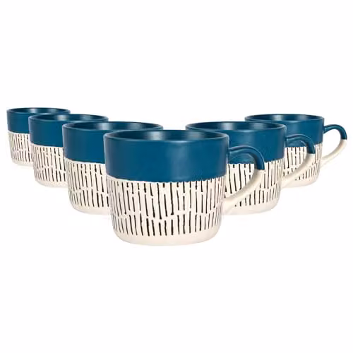 Nicola Spring Dipped Dash Stoneware Coffee Mug Set, 6 x 475ml, Blue and Black – 1