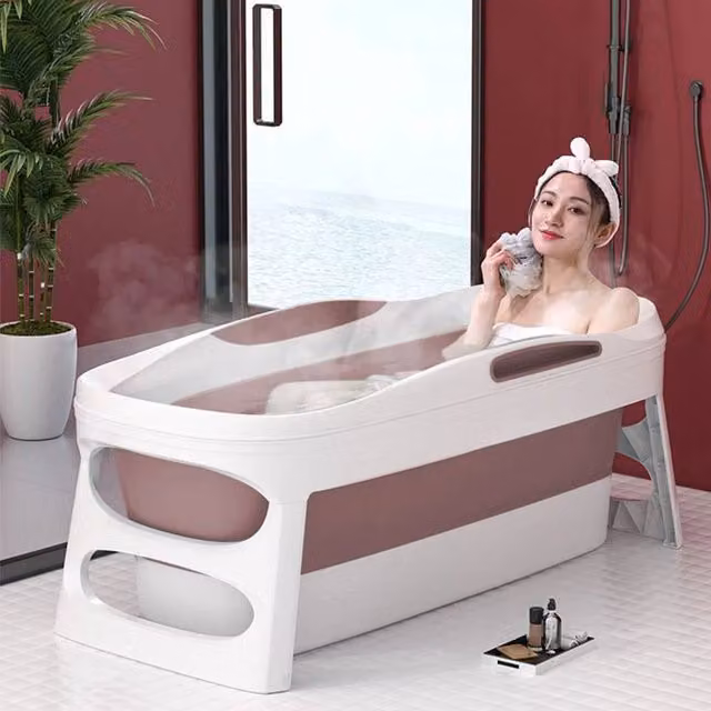 PAWNORA SmallSpace Folding Shower Bathtub in Pink, W/D/H: 113 x 63 x 54 cm