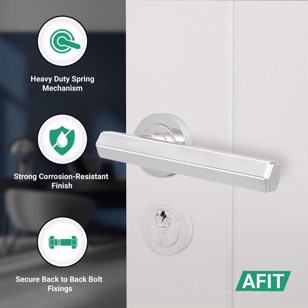 AFIT Chrome Fire Door Handle Euro Lock Double Cylinder Set with Hinges in Silver, W/D/H: 15 x 15 x 1.5 cm – 2