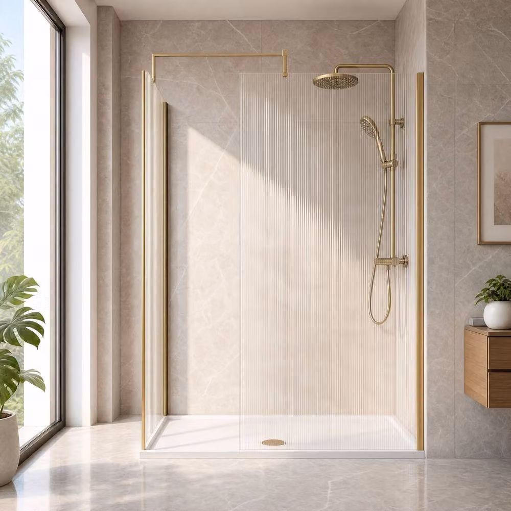 Balterley Fluted Walk-In Wetroom Bundle in Brushed Brass, W: 140 cm, D: 80 cm – 2