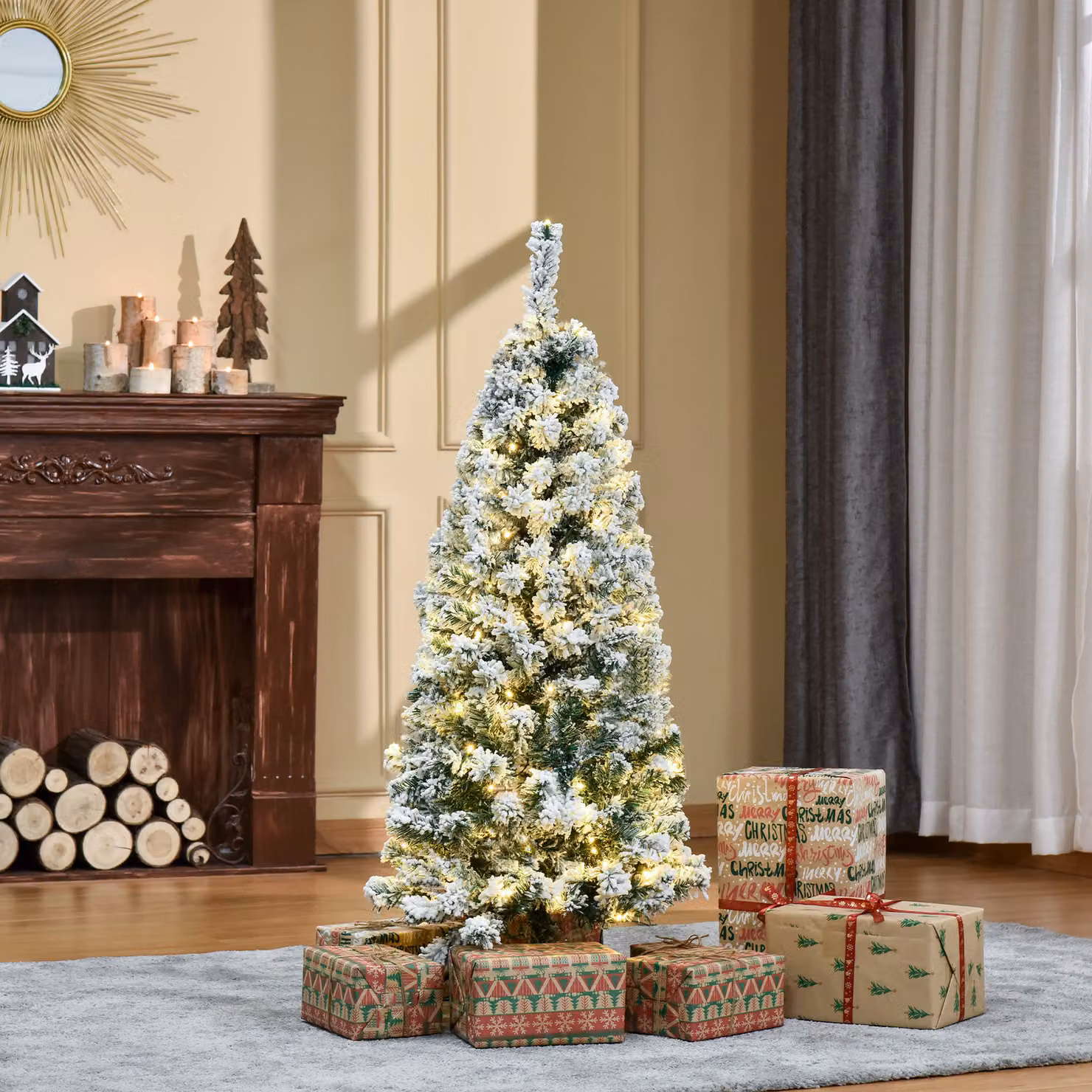 HOMCOM 4ft Prelit Artificial Snow Flocked Christmas Tree with Warm White LED Lights in Green and White – 2