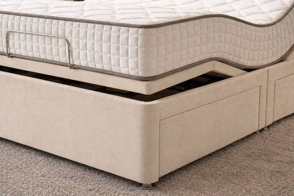 PARADISE BEDS LTD Luxury Upholstered Electric Mobility Bed with Foam Mattress and Headboard in Blue and Silver, W/D/H: 90 x 200 cm