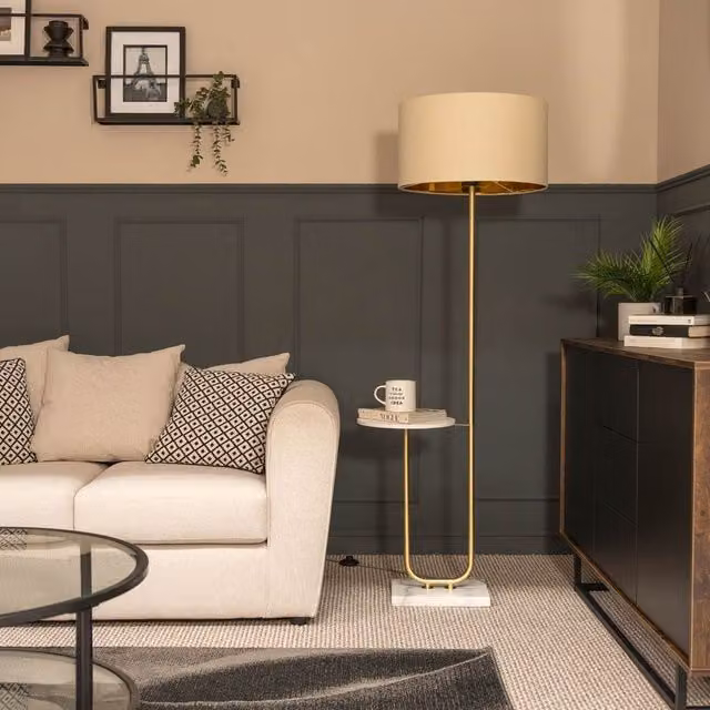 ValueLights Modern Floor Lamp with Gold Marble Base and Beige Fabric Cylinder Shade – 3