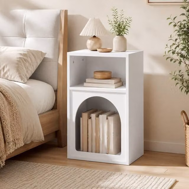STILVORA Modern White Lacquered Bedside Table with 2 Open Compartments