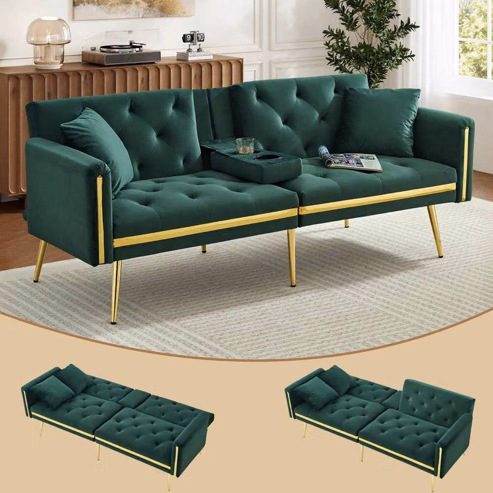 Merax Green Velvet Sofa Bed with Gold Trim and Fold-Down Cup Holders, W: 174 cm, H: 76 cm, D: 71.5 cm – 5