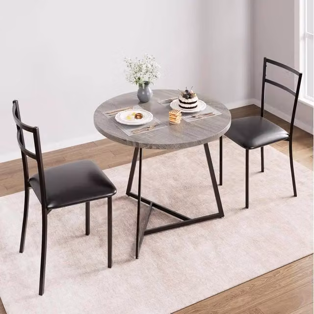VOGREX Modern Round Dining Table and 2 Chairs Set in Grey Matt MDF Laminate – 1