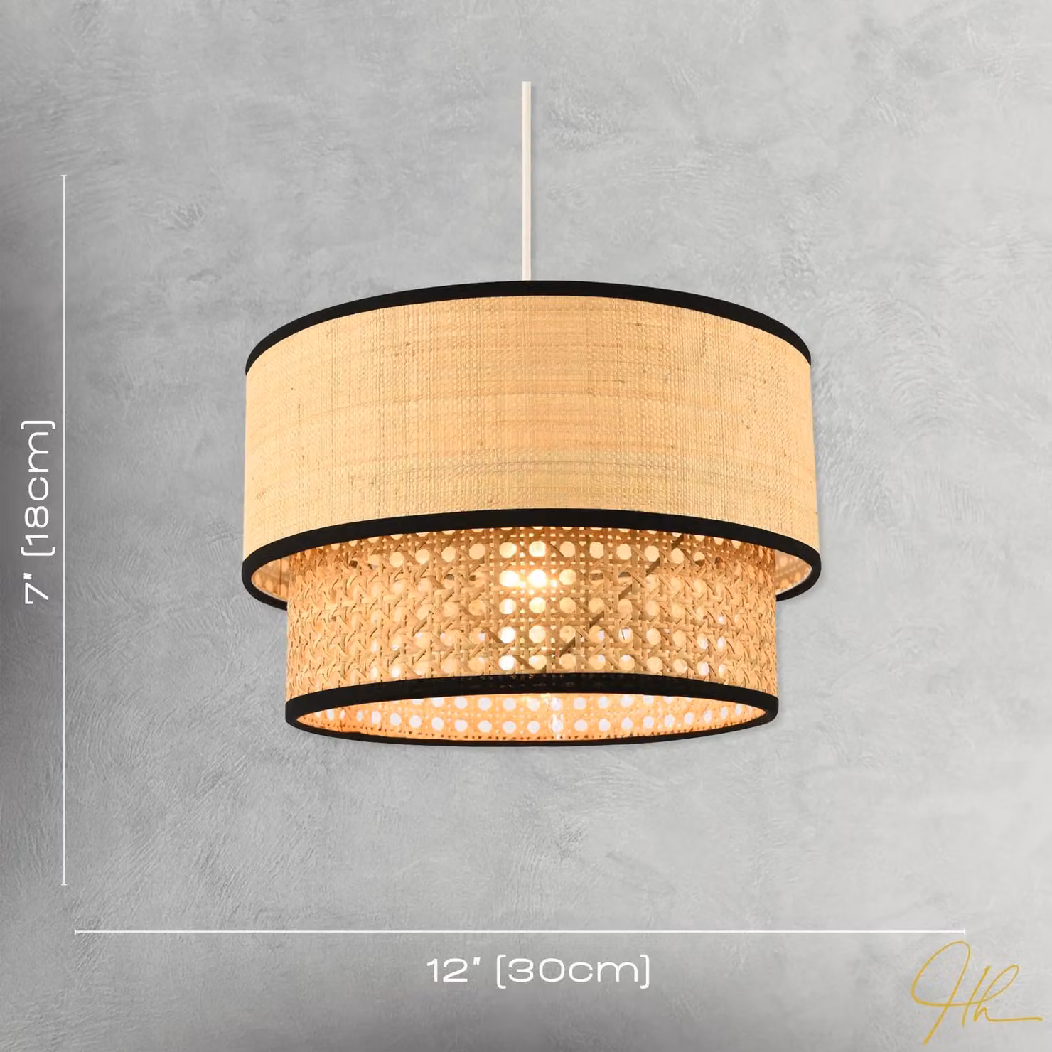 Happy Homewares Modern Double Tier Round Natural Rattan Pendant Shade with Black Trims in Brown – 4