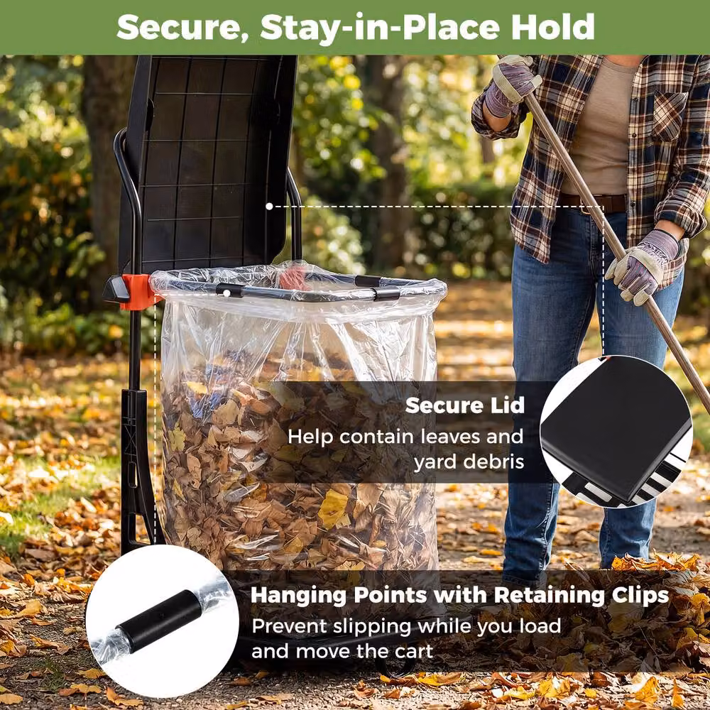 Costway Black Metal Moving Trash Bag Holder and Leaf Bag Stand Cart with Wheels – 5