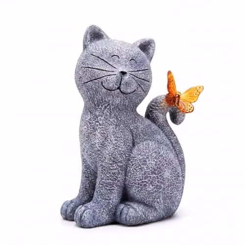 Emitto Solar LED Cat Garden Ornament in Grey and Orange Resin – 1
