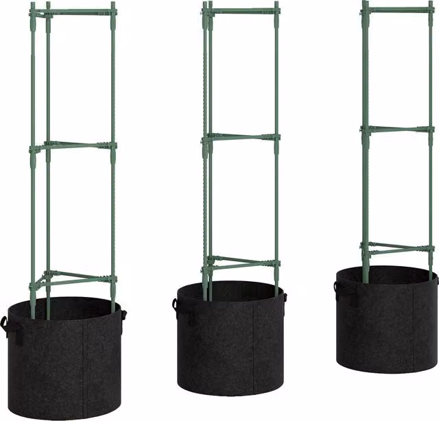 Outsunny 3 Pack Tomato Cages with 83.7L Grow Bags and 120cm Adjustable Triangle Plant Stakes Support Trellis – 1