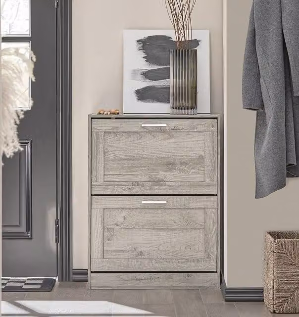 SoBuy Modern Slim Shoe Cabinet in Grey with Tilting Compartments and Internal Shelves – 1
