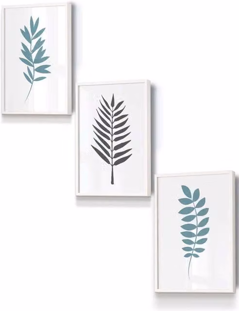 ARTZE Graphical Blue and Grey Leaves Framed Wall Art in White, W: 33 cm, H: 45 cm, D: 2 cm