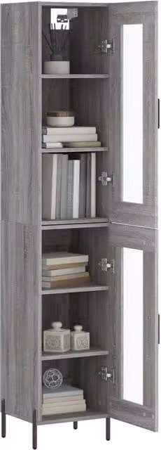 Berkfield Home Grey Sonoma Highboard with Glass Doors and Internal Shelves, W/D/H: 34.5 x 34 x 180 cm