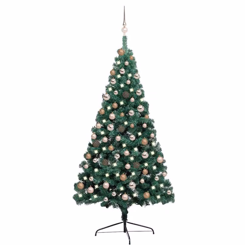 Berkfield Home Beautiful Artificial Half Pre-lit Christmas Tree with Green and Gold Ball Set, H 180 cm x W 110 cm x D 55 cm – 2