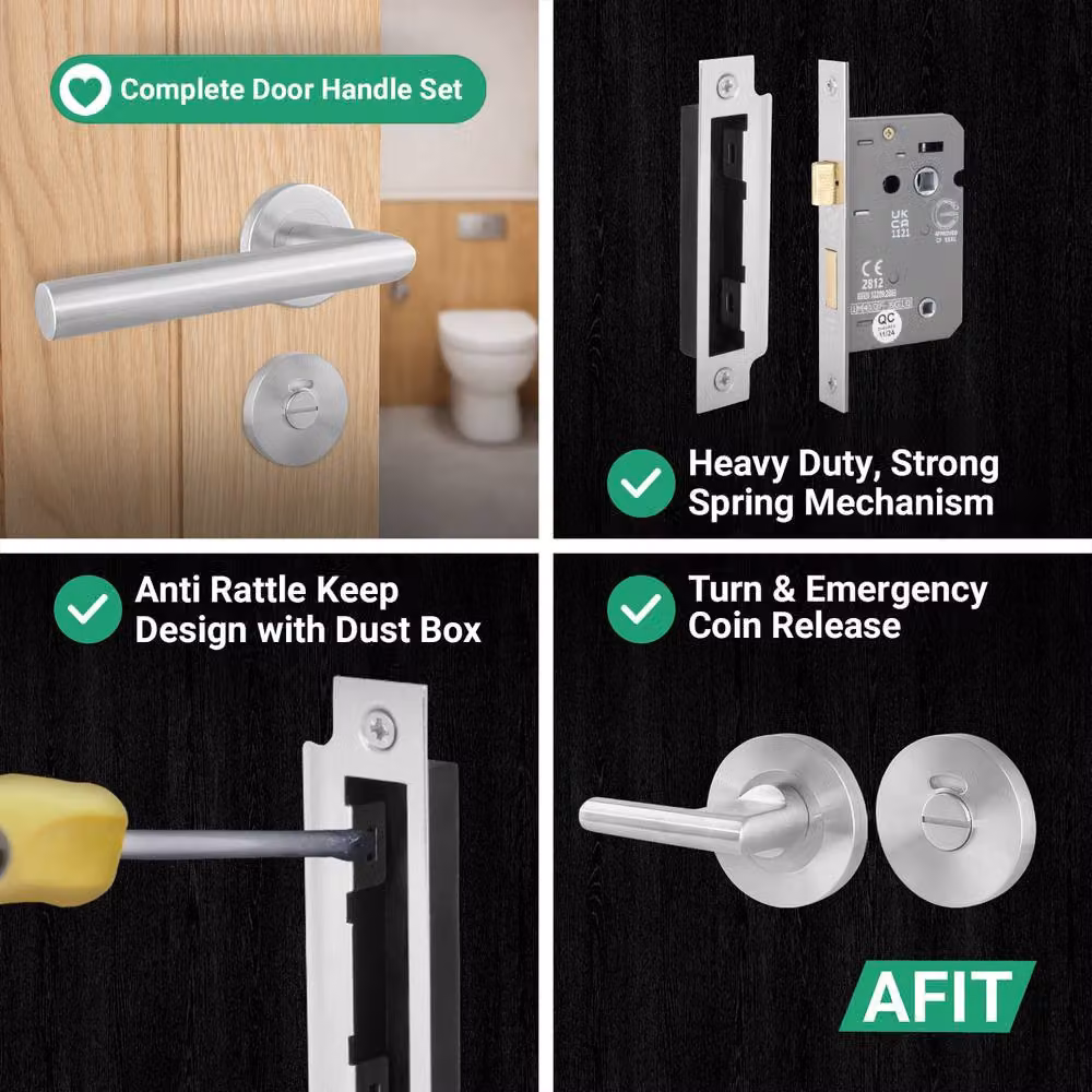 AFIT Silver Satin Lever on Rose Door Handles and Bathroom Lock Kit in Brushed Stainless Steel, W/D/H: 15 x 15 x 2 cm – 3