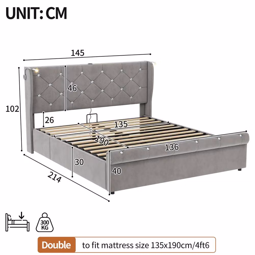 Rolipo Double Upholstered Storage Bed Frame in Grey Velvet with Integrated Reading Light and USB Charging Port, W/D/H: 140 x 200 cm – 6