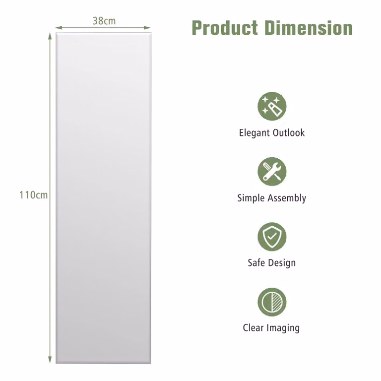Costway Classic Full Length Wall Mounted Rectangular Glass Mirror in White, H: 110 cm, W: 38 cm, D: 1 cm