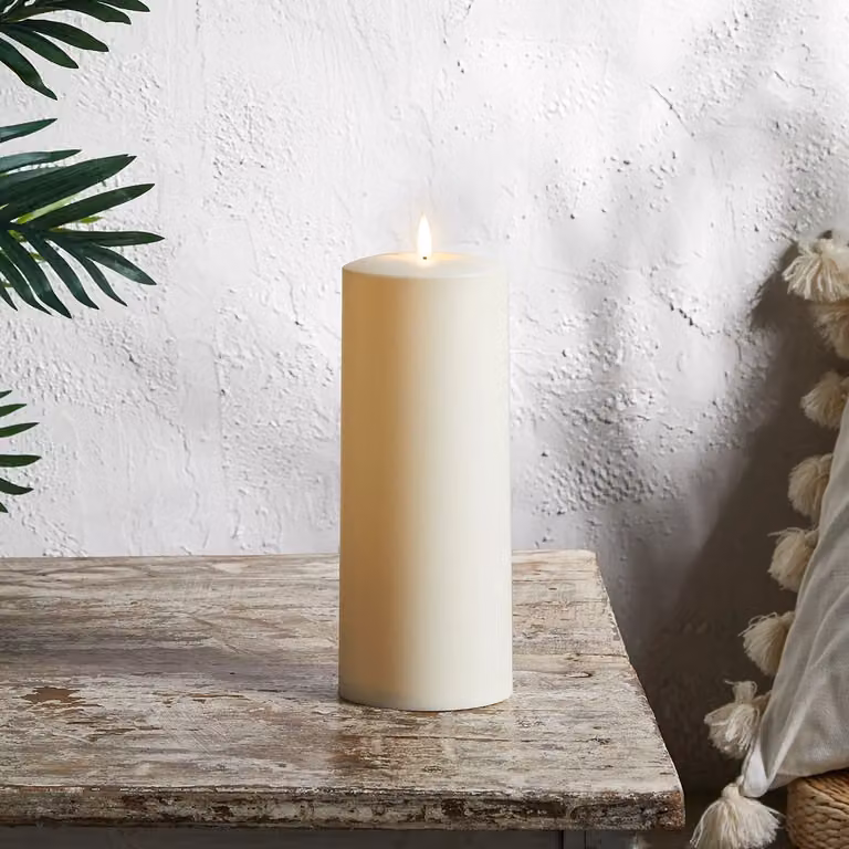 TruGlow® Waterproof Outdoor White Pillar Candle with Remote Control, Flicker Effect and Timer, Height: 25 cm