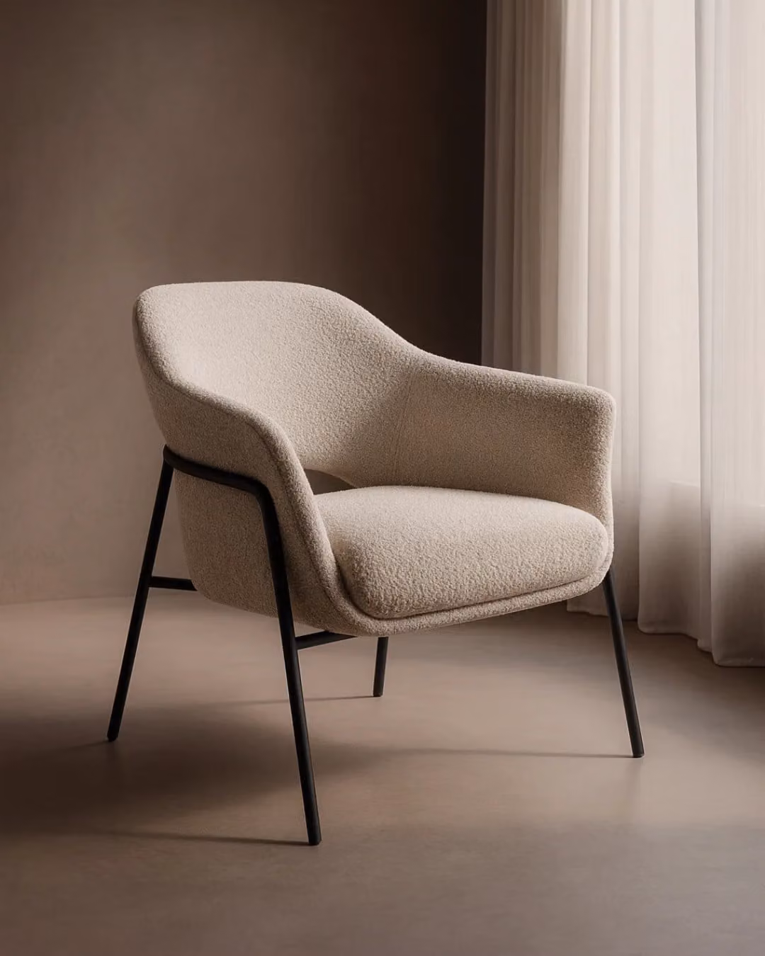 Tommy Franks Arteta Accent Chair in Steam Boucle with Black Metal Frame and Beige Upholstery