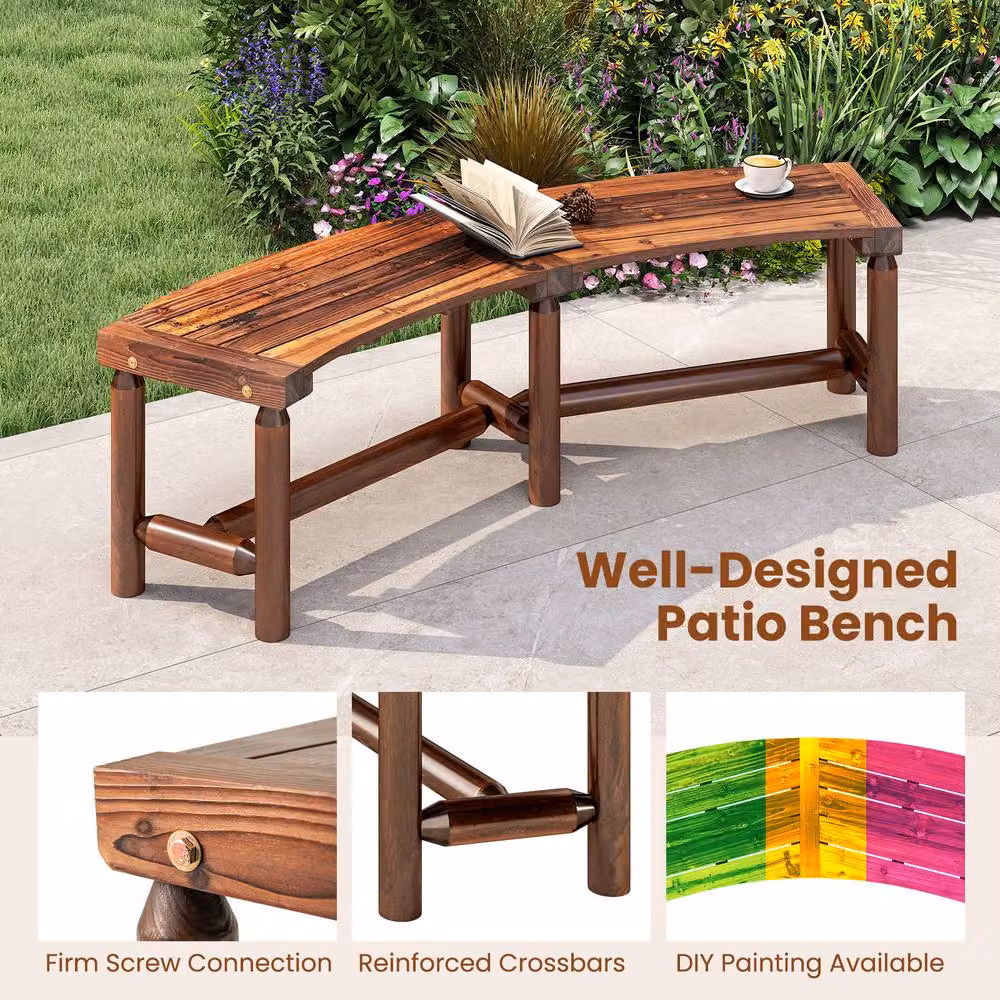 Costway Brown Solid Wood Curved Backless Patio Bench for 2-3 People – 8