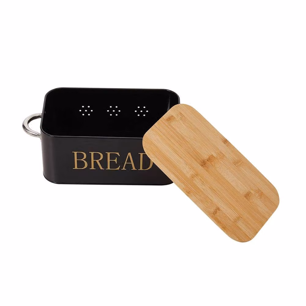 Living and Home Metal Bread Box in Black with Reversible Bamboo Lid and Handles – 2