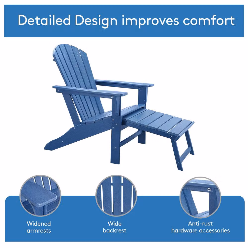 Mona Vale Furniture All-Weather Outdoor Foldable Adirondack Lounge Chair with Footrest in Blue – 7