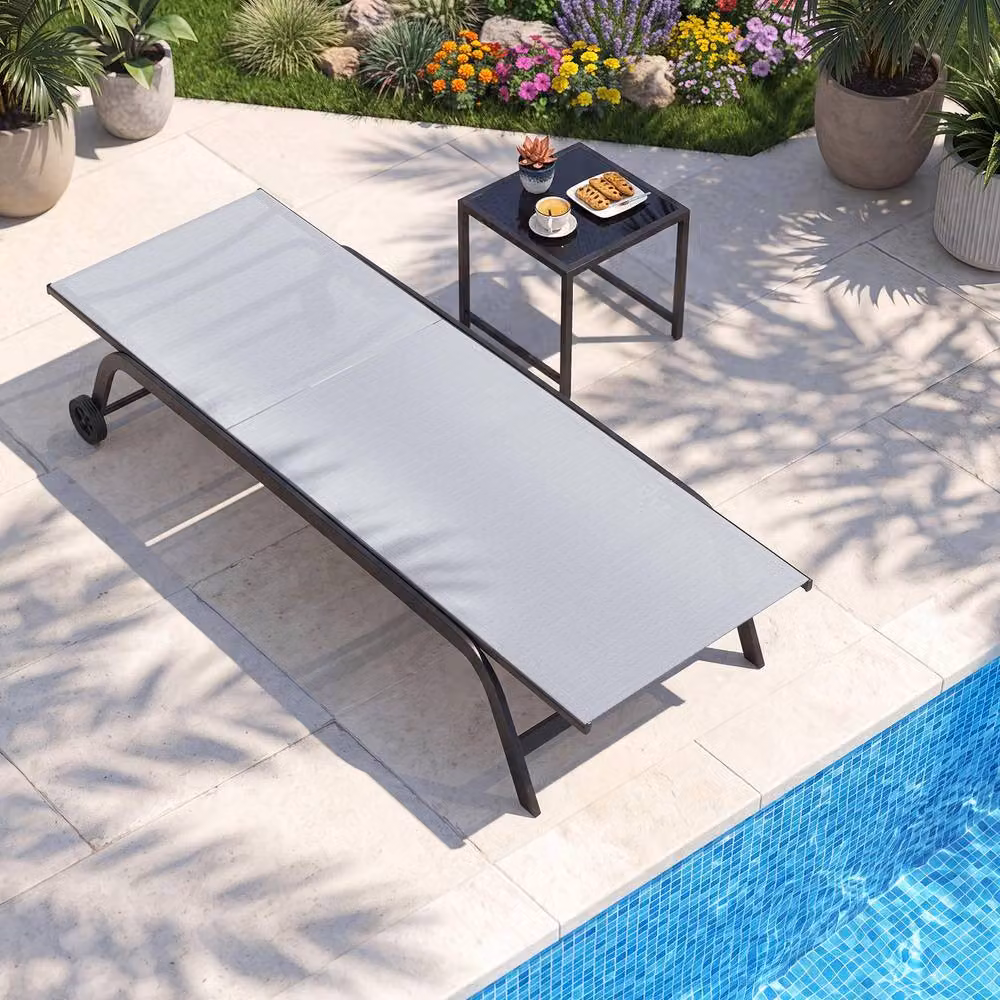 Gymax Set of 2 Grey Outdoor Chaise Lounge Chairs with Wheels and Side Trays – 6