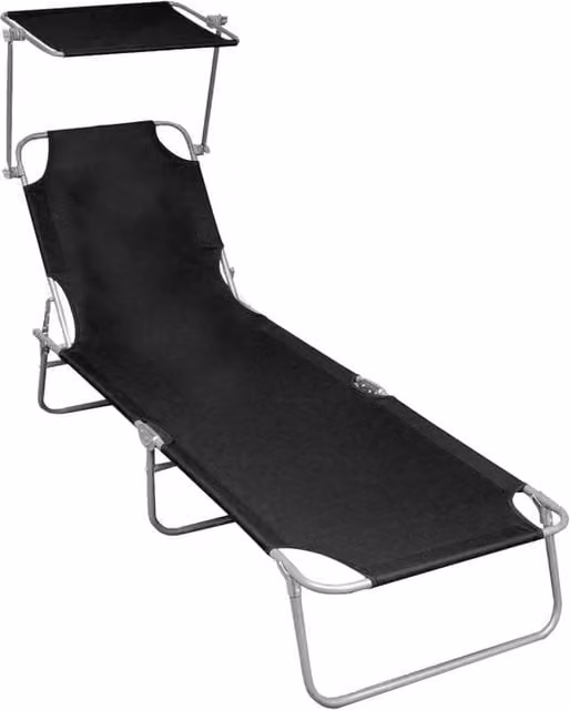 Berkfield Home Folding Sun Lounger with Canopy in Black Powder Coated Aluminium and Textilene Fabric