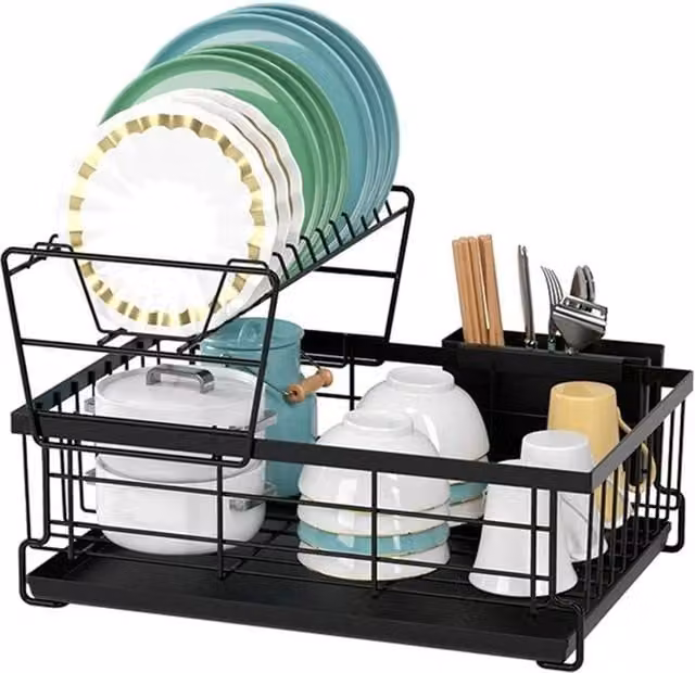 NESTLUNE Black Large Dish Drainer Rack with Drip Tray and Cutlery Holder, W/D: 100 x 100 cm – 1